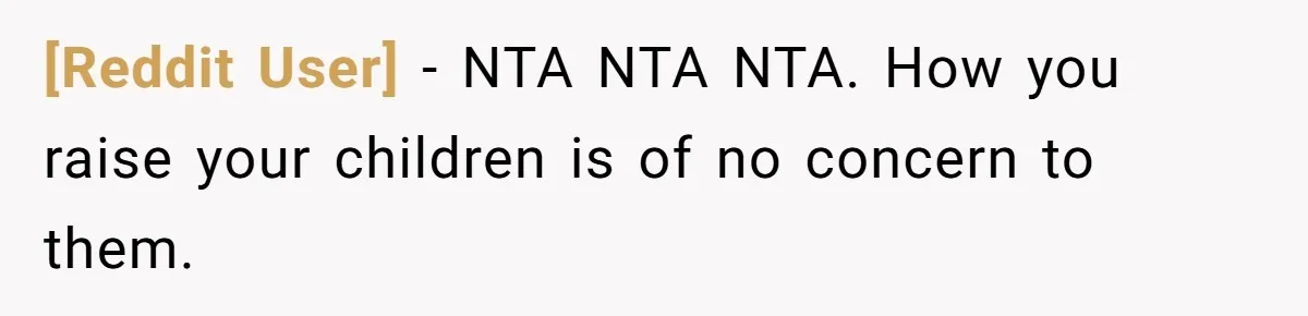 [Reddit User] − NTA NTA NTA. How you raise your children is of no concern to them.