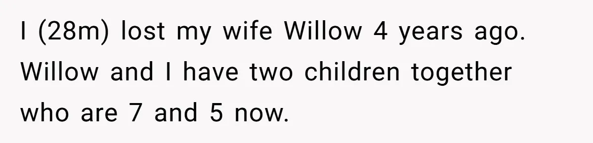 Grieving Widower Snaps At Pushy Mom Who Demands He Remarry To Avoid Becoming Like Her I (28m) lost my wife Willow 4 years ago. Willow and I have two children together who are 7 and 5 now.
