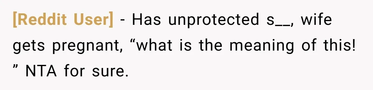 [Reddit User] − Has unprotected s__, wife gets pregnant, “what is the meaning of this! ” NTA for sure.