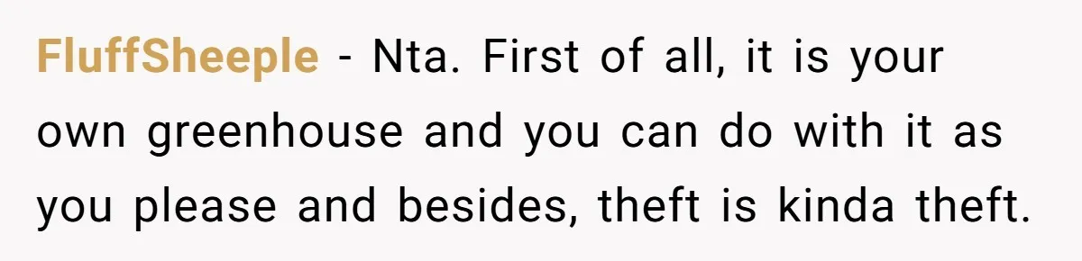 Man Catches New Neighbor Stealing from His Greenhouse—She Lies, Breaks His Property, and He Presses Charges Anyway FluffSheeple − Nta. First of all, it is your own greenhouse and you can do with it as you please and besides, theft is kinda theft.