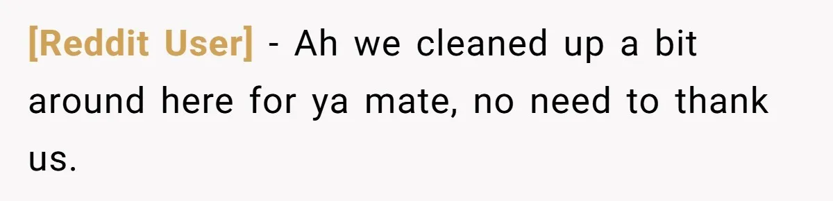 [Reddit User] − Ah we cleaned up a bit around here for ya mate, no need to thank us.
