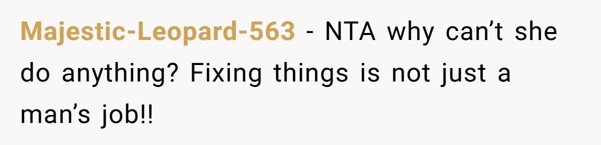 Man Who Does Everything Except Handyman Work Gets Branded “Not A Man”, Reacts Accordingly Majestic-Leopard-563 − NTA why can’t she do anything? Fixing things is not just a man’s job!!