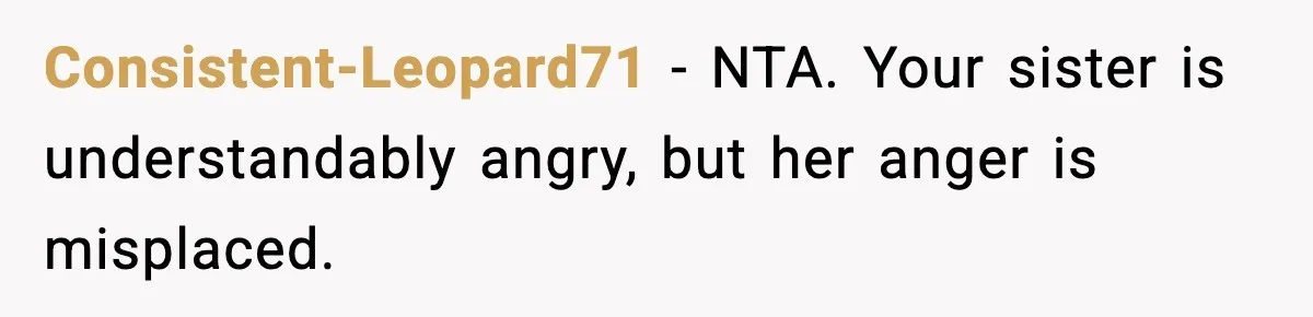 Mom Refuses To Let Sister See Her Son After Years Of Resentment Over Childhood Responsibilities Consistent-Leopard71 − NTA. Your sister is understandably angry, but her anger is misplaced.