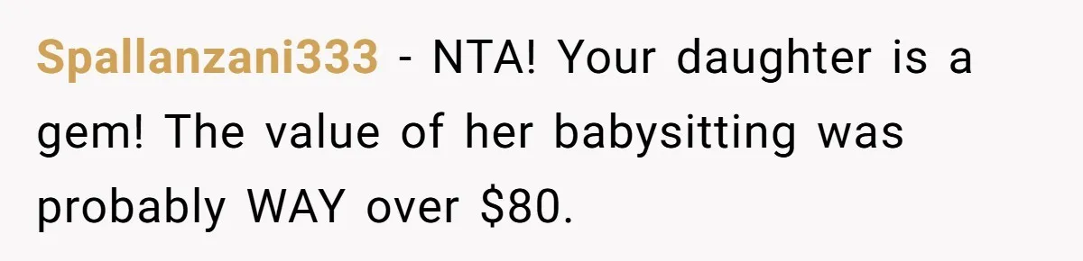 Dad Rewards Thoughtful Teen, Wife Accuses Him Of Favoritism Spallanzani333 − NTA! Your daughter is a gem! The value of her babysitting was probably WAY over $80.