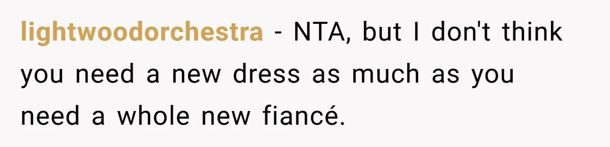 Bride-To-Be Furiously Demands A New Wedding Dress After Fiancé Lets Mom And Sister Try It On lightwoodorchestra − NTA, but I don't think you need a new dress as much as you need a whole new fiancé.