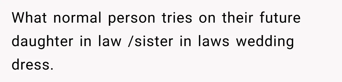 Bride-To-Be Furiously Demands A New Wedding Dress After Fiancé Lets Mom And Sister Try It On What normal person tries on their future daughter in law /sister in laws wedding dress.