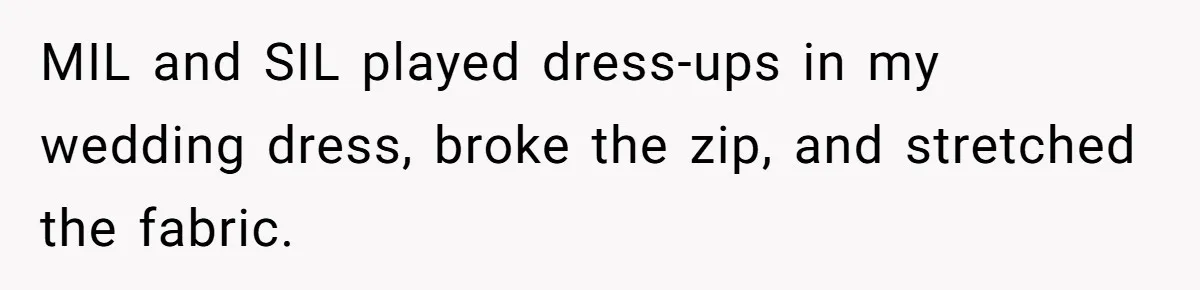 Bride-To-Be Furiously Demands A New Wedding Dress After Fiancé Lets Mom And Sister Try It On MIL and SIL played dress-ups in my wedding dress, broke the zip, and stretched the fabric.