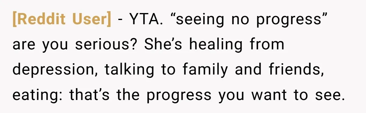 [Reddit User] − YTA. “seeing no progress” are you serious? She’s healing from depression, talking to family and friends, eating: that’s the progress you want to see.