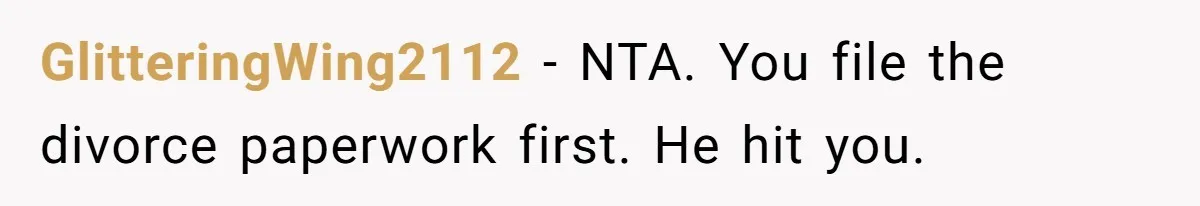 Wife Claims Husband’s “Warning Tap” Is Abuse, Husband Threatens Divorce Over The Accusation GlitteringWing2112 − NTA. You file the divorce paperwork first. He hit you.