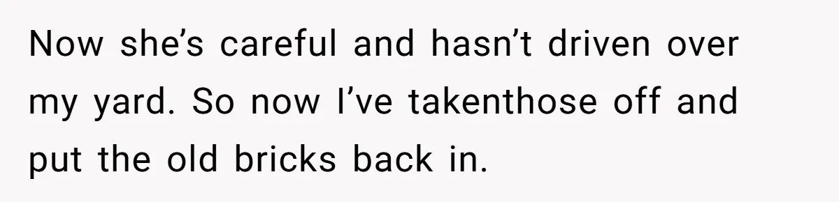 Neighbor’s Daughter Kept Driving Through His Yard - So He Installed Spikes and Let Consequences Do the Rest Now she’s careful and hasn’t driven over my yard. So now I’ve takenthose off and put the old bricks back in.