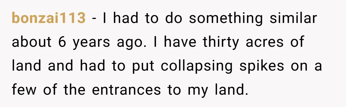 Neighbor’s Daughter Kept Driving Through His Yard - So He Installed Spikes and Let Consequences Do the Rest bonzai113 − I had to do something similar about 6 years ago. I have thirty acres of land and had to put collapsing spikes on a few of the entrances...