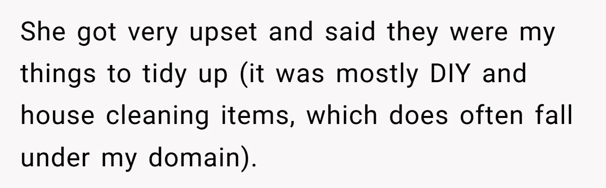 Pregnant Wife Demands Husband Tidy His Tools After He Cleaned Everything Else, Massive Fight Erupts She got very upset and said they were my things to tidy up (it was mostly DIY and house cleaning items, which does often fall under my domain).