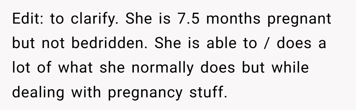 Pregnant Wife Demands Husband Tidy His Tools After He Cleaned Everything Else, Massive Fight Erupts Edit: to clarify. She is 7.5 months pregnant but not bedridden. She is able to / does a lot of what she normally does but while dealing with pregnancy stuff.