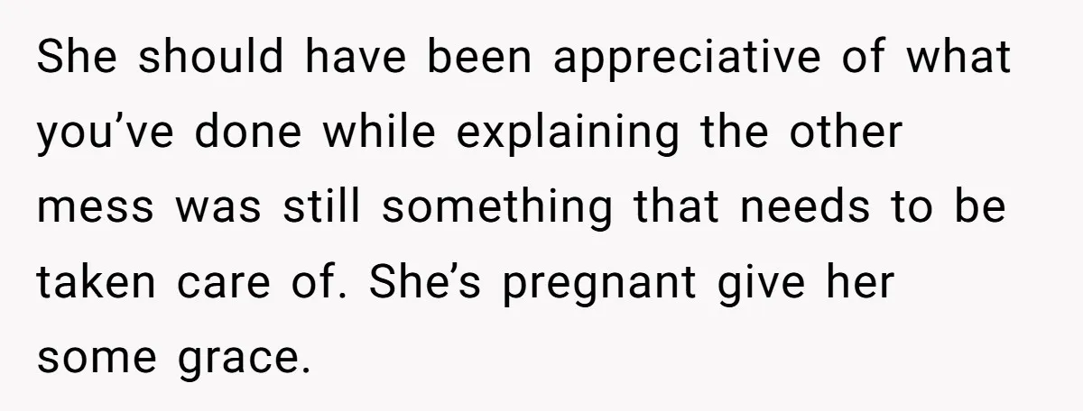 Pregnant Wife Demands Husband Tidy His Tools After He Cleaned Everything Else, Massive Fight Erupts She should have been appreciative of what you’ve done while explaining the other mess was still something that needs to be taken care of. She’s pregnant give her some grace.