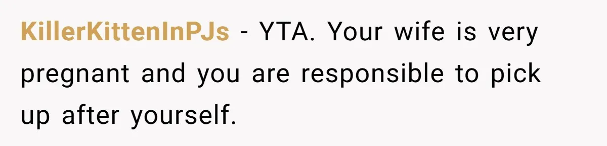 Pregnant Wife Demands Husband Tidy His Tools After He Cleaned Everything Else, Massive Fight Erupts KillerKittenInPJs − YTA. Your wife is very pregnant and you are responsible to pick up after yourself.