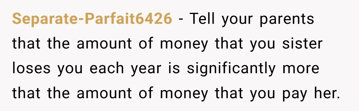 Doctor Stands Firm Against Parents After Sister’s Costly Errors Almost Destroyed The Family Practice Separate-Parfait6426 − Tell your parents that the amount of money that you sister loses you each year is significantly more that the amount of money that you pay her.
