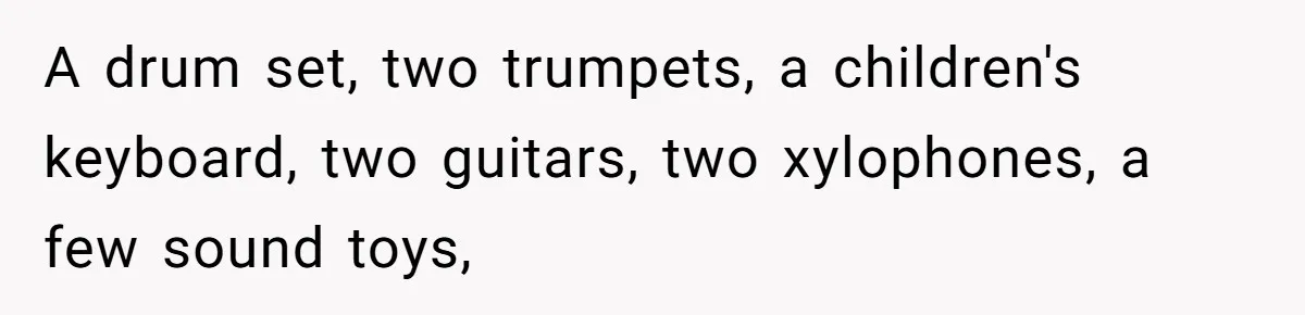 Sister’s Brilliant Revenge On Brother Who Tried To Control Her Gift Giving, You Won’t Believe The Toys She Chose A drum set, two trumpets, a children's keyboard, two guitars, two xylophones, a few sound toys,