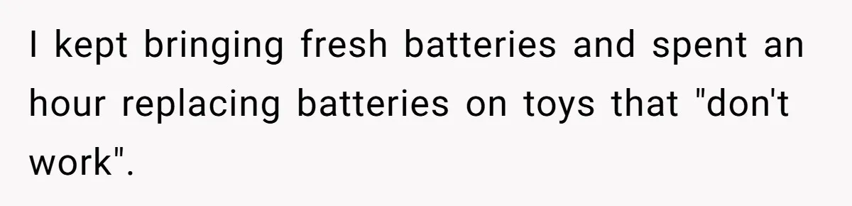 Sister’s Brilliant Revenge On Brother Who Tried To Control Her Gift Giving, You Won’t Believe The Toys She Chose I kept bringing fresh batteries and spent an hour replacing batteries on toys that "don't work".