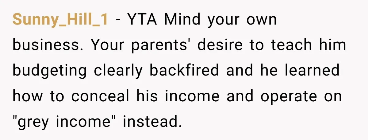 Would She Be Wrong for Exposing Her Brother’s Secret Paycheck Lies to Their Parents? Sunny_Hill_1 − YTA Mind your own business. Your parents' desire to teach him budgeting clearly backfired and he learned how to conceal his income and operate on "grey income" instead.
