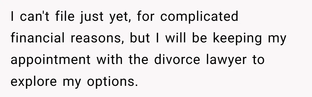 Devoted Stay-At-Home Dad Uncovers Wife’s Secret Date - 5000 Words Journal Of A Heartbroken Man I can't file just yet, for complicated financial reasons, but I will be keeping my appointment with the divorce lawyer to explore my options.
