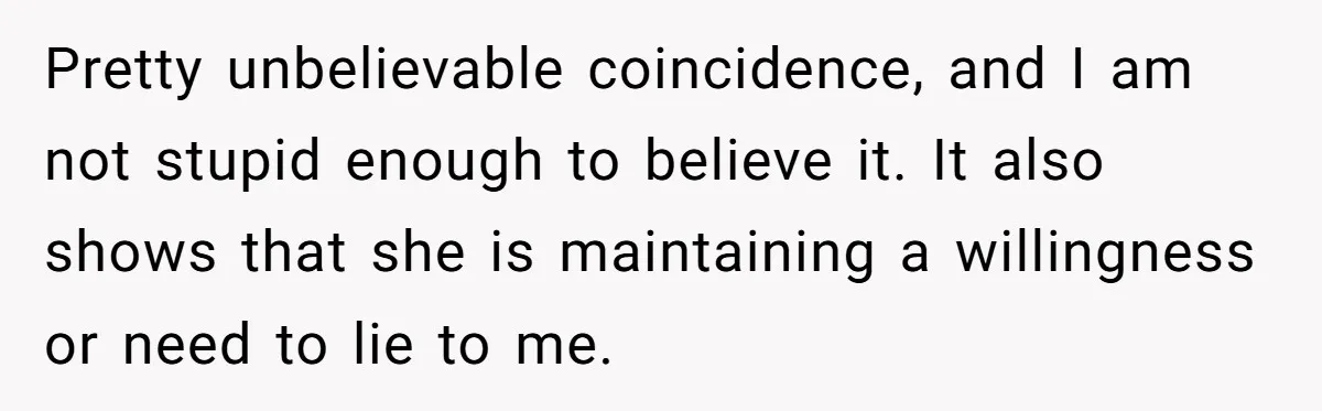 Devoted Stay-At-Home Dad Uncovers Wife’s Secret Date - 5000 Words Journal Of A Heartbroken Man Pretty unbelievable coincidence, and I am not stupid enough to believe it. It also shows that she is maintaining a willingness or need to lie to me.