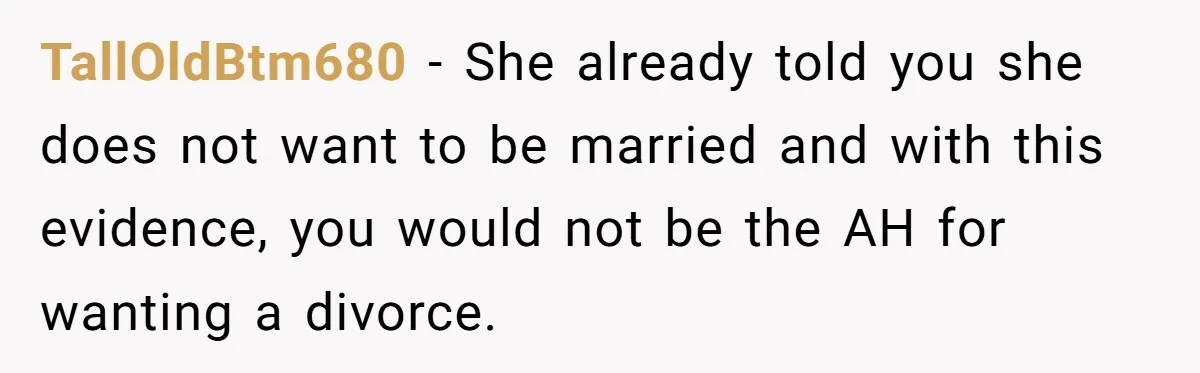 Devoted Stay-At-Home Dad Uncovers Wife’s Secret Date - 5000 Words Journal Of A Heartbroken Man TallOldBtm680 − She already told you she does not want to be married and with this evidence, you would not be the AH for wanting a divorce.