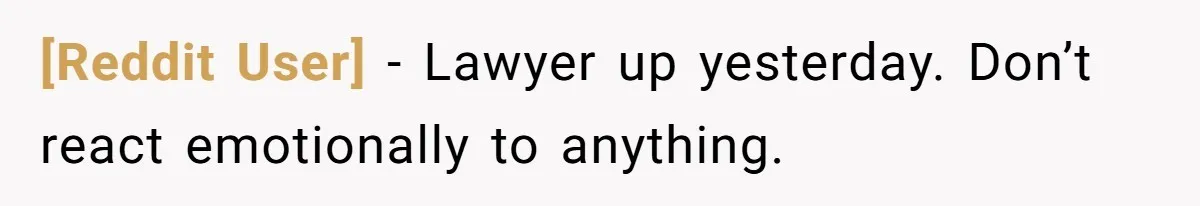 [Reddit User] − Lawyer up yesterday. Don’t react emotionally to anything.