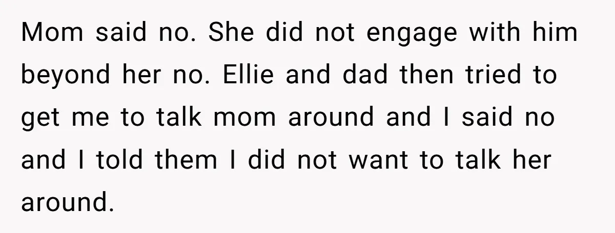 Teen Shuts Down Dad’s Plea To Make Mom Parent His Affair Kids, Chaos Erupts At Christmas Mom said no. She did not engage with him beyond her no. Ellie and dad then tried to get me to talk mom around and I said no and I...
