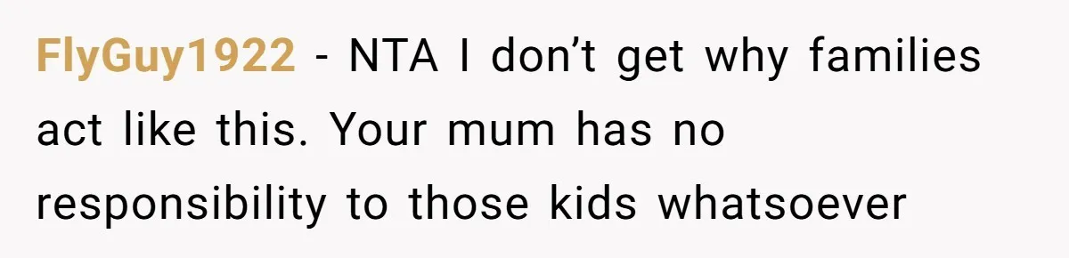 Teen Shuts Down Dad’s Plea To Make Mom Parent His Affair Kids, Chaos Erupts At Christmas FlyGuy1922 − NTA I don’t get why families act like this. Your mum has no responsibility to those kids whatsoever