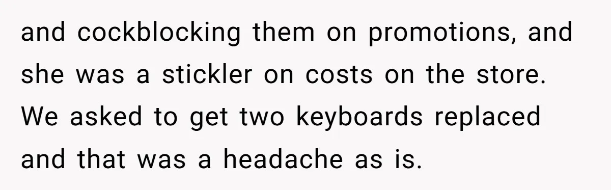 She Told Him ‘Only Submit Tickets’ - So He Did, and It Cost the Store $25,000 and cockblocking them on promotions, and she was a stickler on costs on the store. We asked to get two keyboards replaced and that was a headache as is.