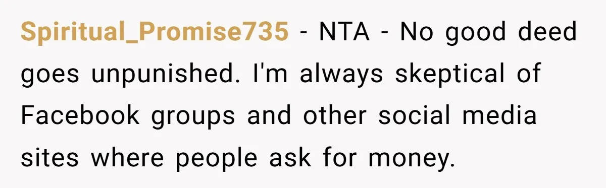 She Helped a ‘Mom in Need’ Twice - Then Found Out the Mom Was Funding a Shopping-Haul Lifestyle Spiritual_Promise735 − NTA - No good deed goes unpunished. I'm always skeptical of Facebook groups and other social media sites where people ask for money.