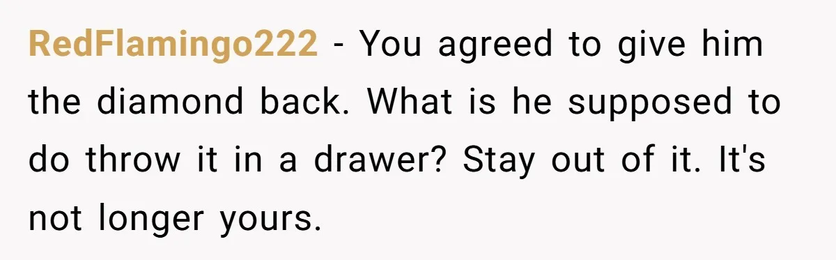 She Spotted Her Old Diamond on Her Ex’s New Fiancée - Now She’s Tempted to Tell Her the Truth RedFlamingo222 − You agreed to give him the diamond back. What is he supposed to do throw it in a drawer? Stay out of it. It's not longer yours.