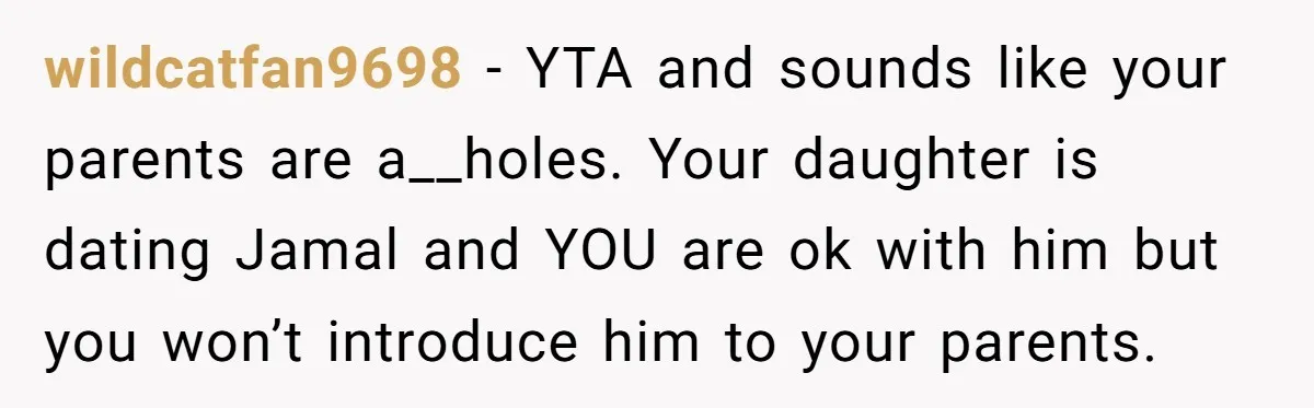 Father Forbids Daughter From Introducing Black Boyfriend To Grandparents During Family Visit wildcatfan9698 − YTA and sounds like your parents are a__holes. Your daughter is dating Jamal and YOU are ok with him but you won’t introduce him to your parents.