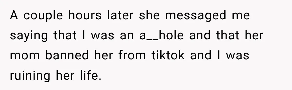 A couple hours later she messaged me saying that I was an a__hole and that her mom banned her from tiktok and I was ruining her life.