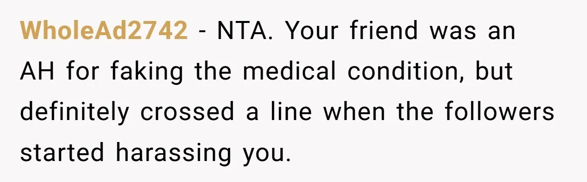 WholeAd2742 − NTA. Your friend was an AH for faking the medical condition, but definitely crossed a line when the followers started harassing you.