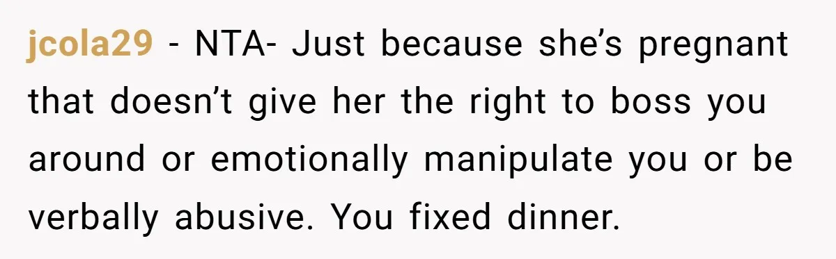 His Wife’s Pregnancy Moods Exploded - He Left After She Cursed Him Out. Now She Says He ‘Abandoned’ Her jcola29 − NTA- Just because she’s pregnant that doesn’t give her the right to boss you around or emotionally manipulate you or be verbally abusive. You fixed dinner.
