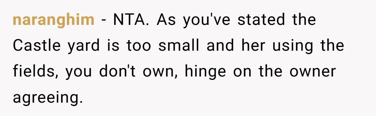 Uncle Refuses To Vacate Family Castle And Master Bedroom For Niece's Dream Destination Wedding naranghim − NTA. As you've stated the Castle yard is too small and her using the fields, you don't own, hinge on the owner agreeing.