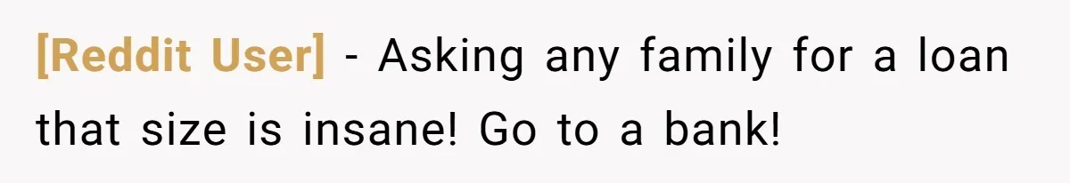 [Reddit User] − Asking any family for a loan that size is insane! Go to a bank!