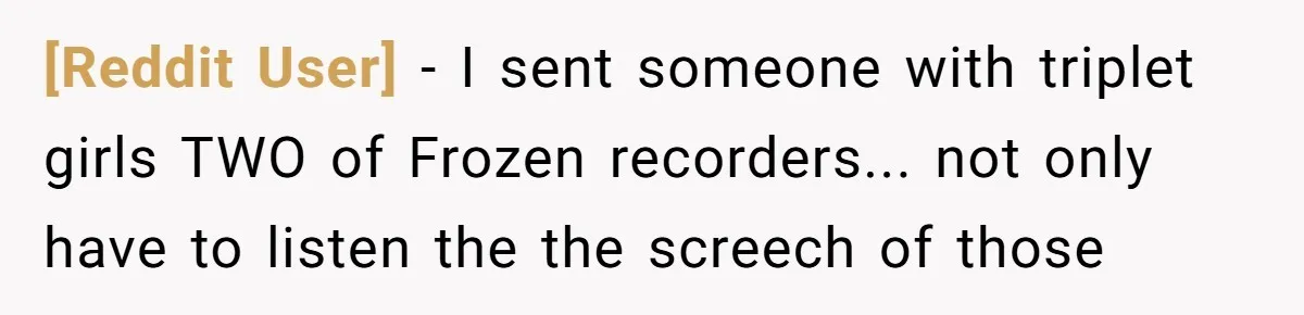 [Reddit User] − I sent someone with triplet girls TWO of Frozen recorders... not only have to listen the the screech of those