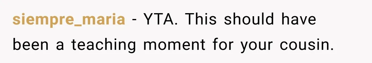 siempre_maria − YTA. This should have been a teaching moment for your cousin.