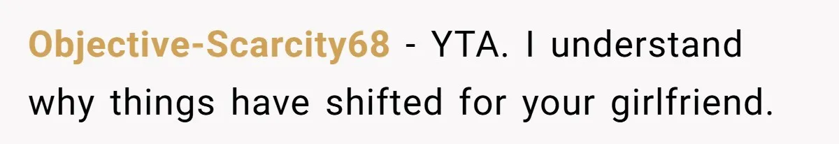 Objective-Scarcity68 − YTA. I understand why things have shifted for your girlfriend.