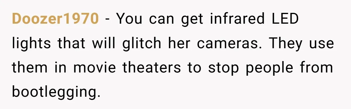 "Stay Away From My Fence!": Neighbor Dispute Escalates Over a Leaf Blower Doozer1970 − You can get infrared LED lights that will glitch her cameras. They use them in movie theaters to stop people from bootlegging.