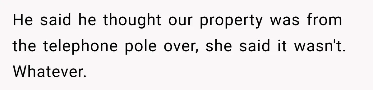 "Stay Away From My Fence!": Neighbor Dispute Escalates Over a Leaf Blower He said he thought our property was from the telephone pole over, she said it wasn't. Whatever.