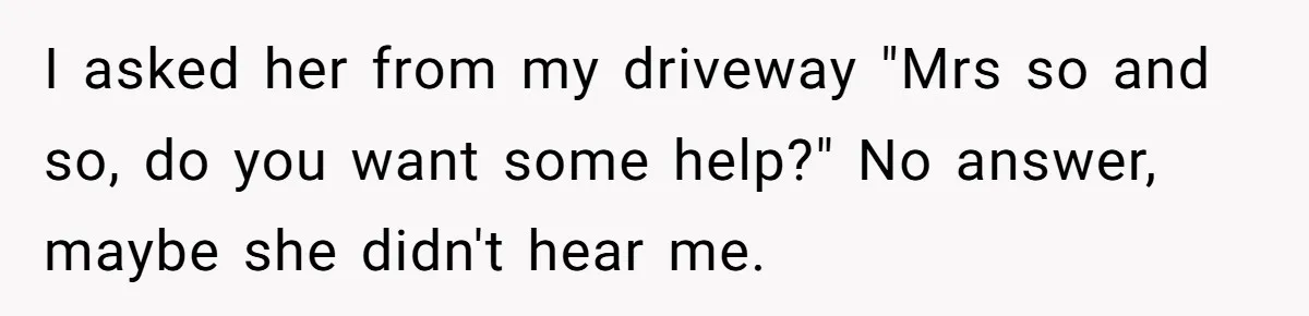 "Stay Away From My Fence!": Neighbor Dispute Escalates Over a Leaf Blower I asked her from my driveway "Mrs so and so, do you want some help?" No answer, maybe she didn't hear me.