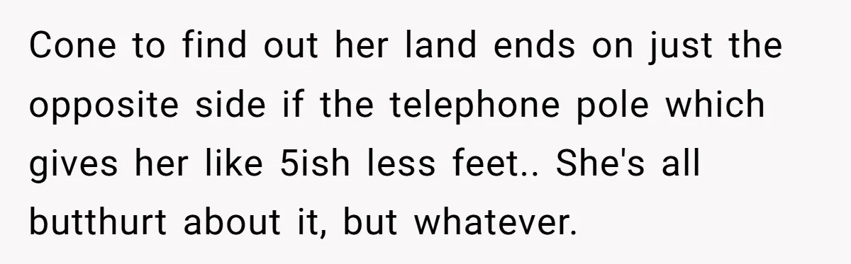 "Stay Away From My Fence!": Neighbor Dispute Escalates Over a Leaf Blower Cone to find out her land ends on just the opposite side if the telephone pole which gives her like 5ish less feet.. She's all butthurt about it, but whatever.