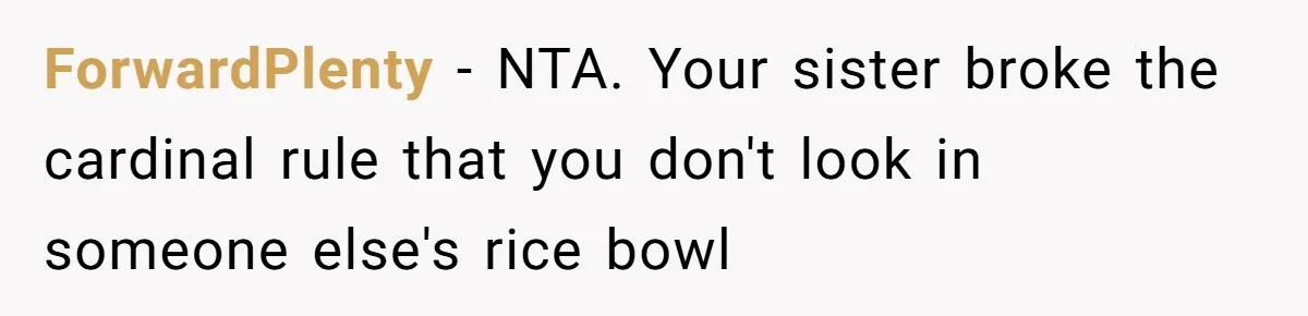 Woman Defends Her Husband After Sister Treats His Tragedy Like A Piggy Bank ForwardPlenty − NTA. Your sister broke the cardinal rule that you don't look in someone else's rice bowl
