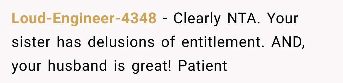 Woman Defends Her Husband After Sister Treats His Tragedy Like A Piggy Bank Loud-Engineer-4348 − Clearly NTA. Your sister has delusions of entitlement. AND, your husband is great! Patient