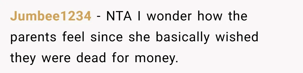 Woman Defends Her Husband After Sister Treats His Tragedy Like A Piggy Bank Jumbee1234 − NTA I wonder how the parents feel since she basically wished they were dead for money.