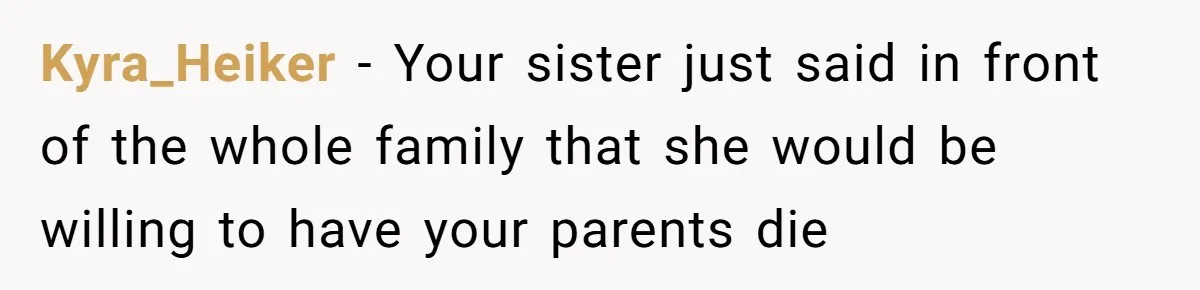 Woman Defends Her Husband After Sister Treats His Tragedy Like A Piggy Bank Kyra_Heiker − Your sister just said in front of the whole family that she would be willing to have your parents die