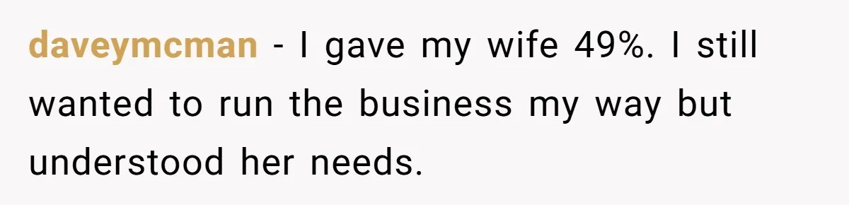 Husband Wants A Full-Time Housewife, Wife Fires Back With A Shocking Condition daveymcman − I gave my wife 49%. I still wanted to run the business my way but understood her needs.